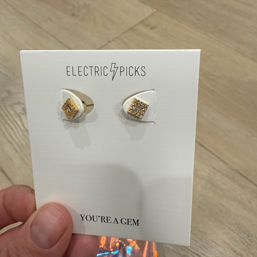 Electric Picks Gold and White Earrings